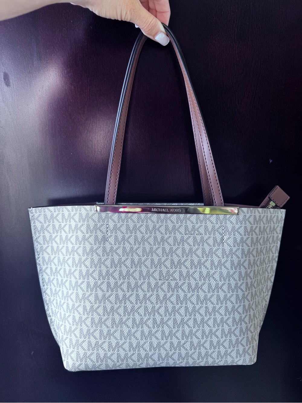 Michael Kors Cream/Light Gray Monogram Tote with Brown Handles